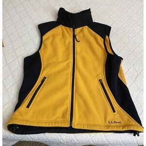 Vintage LL Bean Women’s Black/Yellow Vest Fur Trim Two Front Pockets Sz Petite M